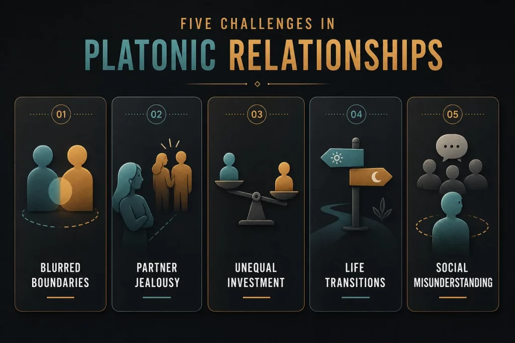 Platonic relationship challenges — five common issues displayed as navigational obstacles including blurred boundaries romantic partner jealousy unequal investment life transitions and societal misunderstanding each with resolution strategies