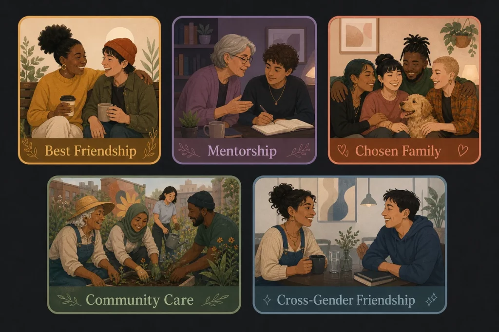 Platonic love — five types displayed as connection circles showing best friend love mentor love chosen family love community love and cross-gender friendship love each with defining characteristics