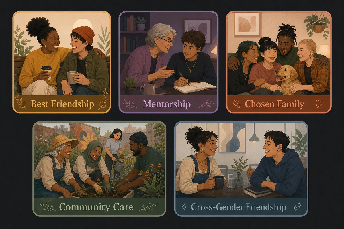 Platonic love — five types displayed as connection circles showing best friend love mentor love chosen family love community love and cross-gender friendship love each with defining characteristics