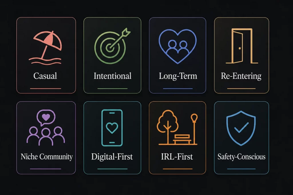 Daters meaning spectrum — eight types of daters displayed as profile cards from casual swiper through serial dater intentional dater slow dater parallel dater niche dater digital-only dater and IRL dater with defining characteristics for each
