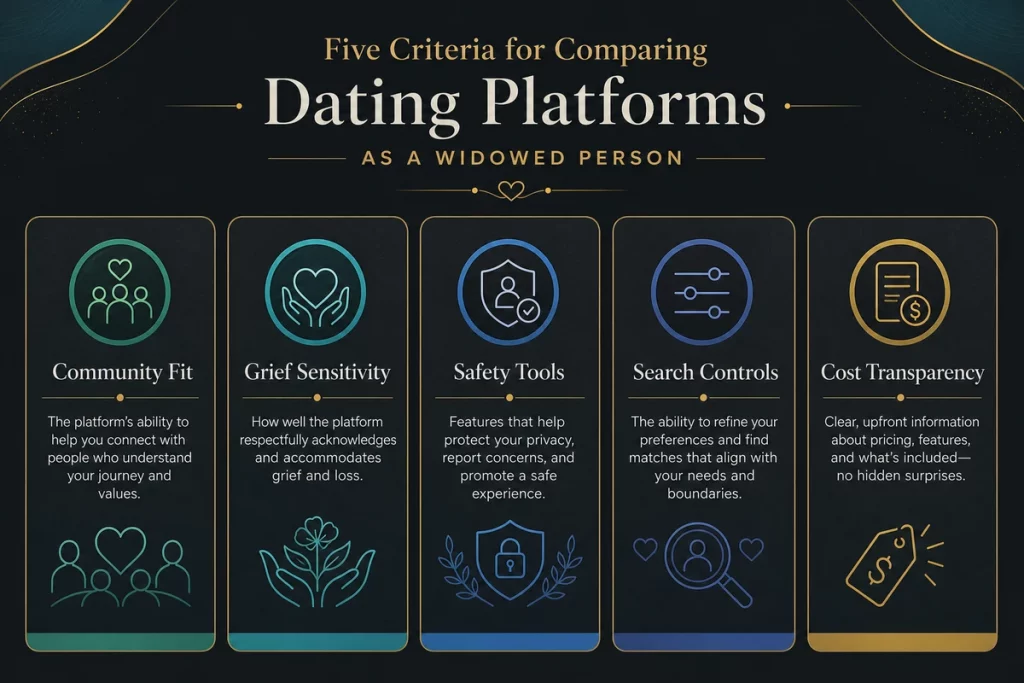 Widower dating site comparison — five platform cards showing specialized widow dating sites and mainstream alternatives with ratings for user base grief sensitivity safety features and cost