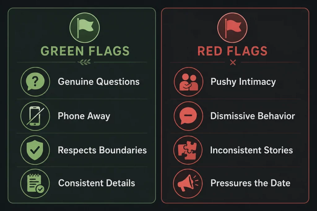 First date green flags and red flags — split display showing positive indicators like active listening consistent eye contact and genuine questions on one side and warning signs like phone checking dominating conversation and boundary pushing on the other