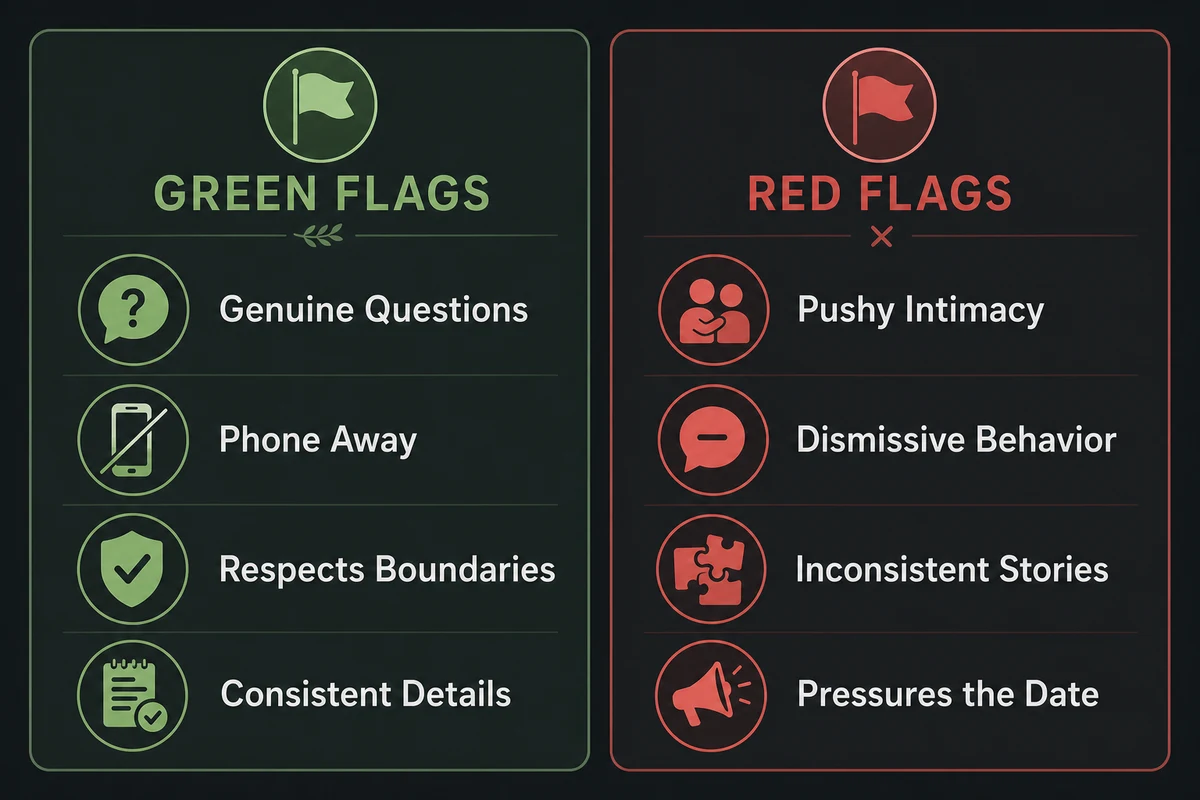 First date green flags and red flags — split display showing positive indicators like active listening consistent eye contact and genuine questions on one side and warning signs like phone checking dominating conversation and boundary pushing on the other