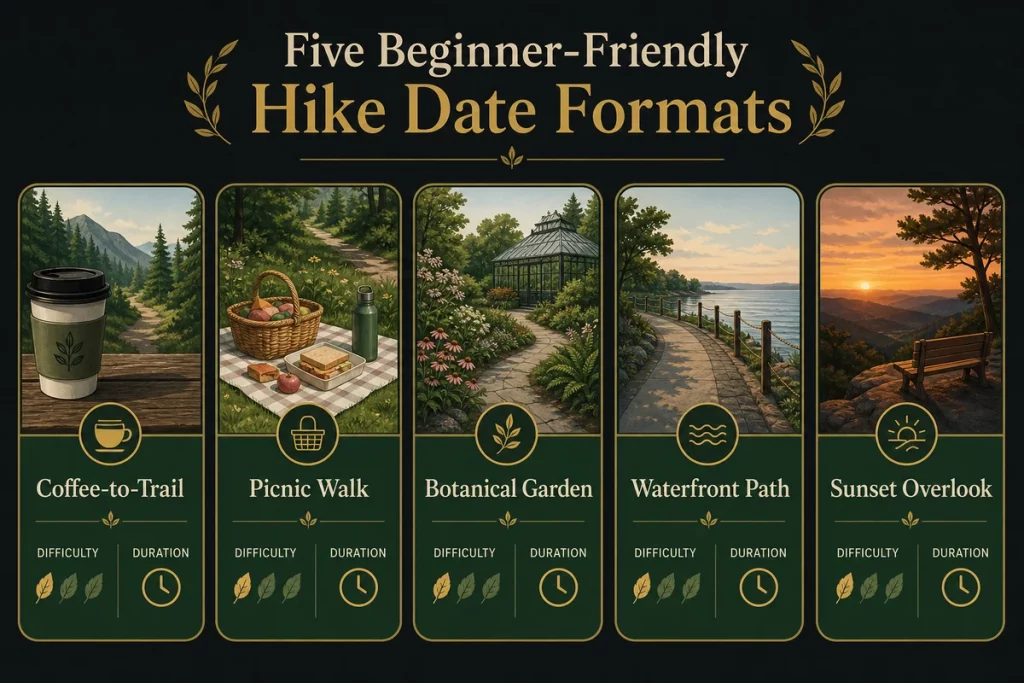 Hike date ideas — five beginner trail date concepts displayed as illustrated cards showing nature walk with coffee picnic hike botanical garden trail waterfront path and sunset overlook hike with difficulty ratings and time estimates