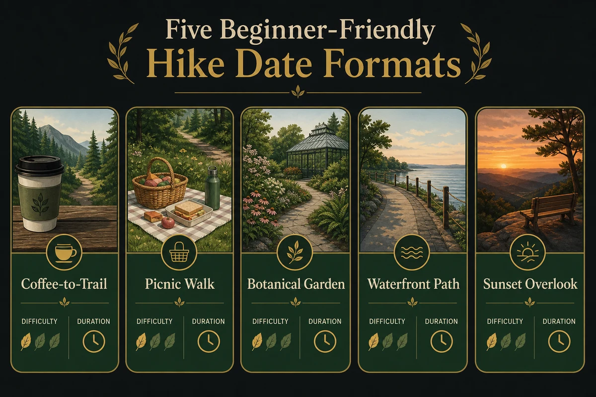 Hike date ideas — five beginner trail date concepts displayed as illustrated cards showing nature walk with coffee picnic hike botanical garden trail waterfront path and sunset overlook hike with difficulty ratings and time estimates