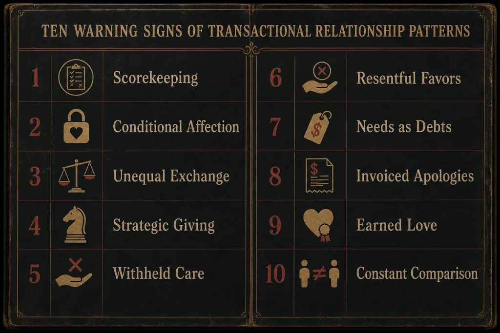Relationships transactional — ten warning signs displayed as ledger entries showing scorekeeping conditional affection favor tracking resentful giving and weaponized generosity each with real-world examples