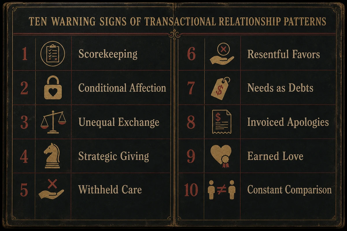 Relationships transactional — ten warning signs displayed as ledger entries showing scorekeeping conditional affection favor tracking resentful giving and weaponized generosity each with real-world examples