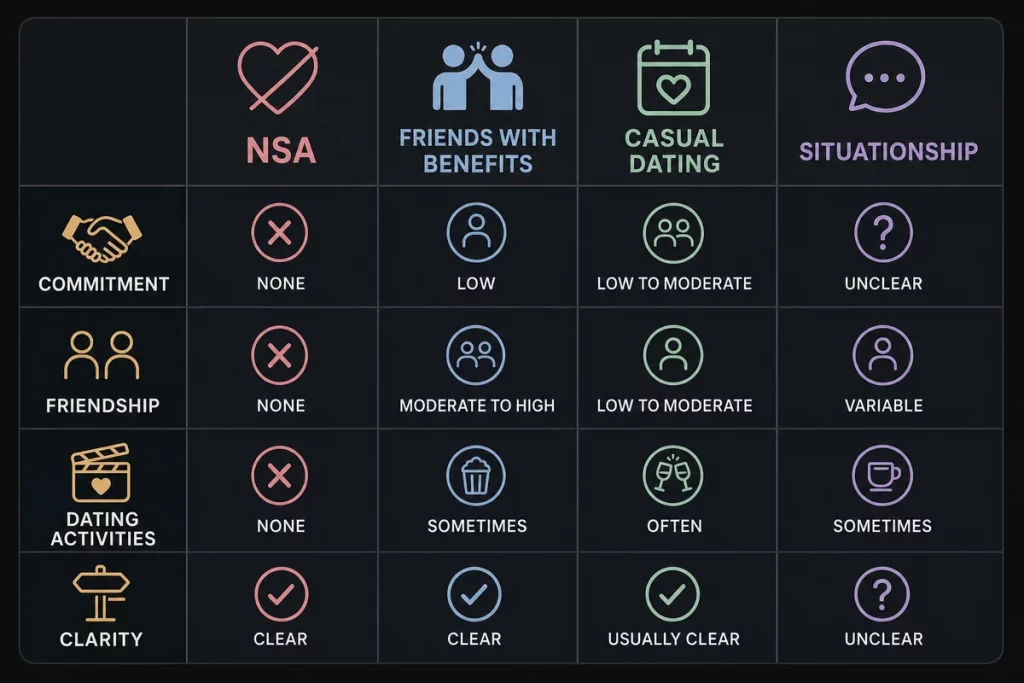 What is NSA in dating — comparison table showing NSA versus FWB versus casual dating versus situationship with defining characteristics emotional expectations and communication requirements for each arrangement type