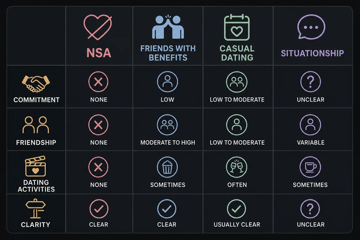 What is NSA in dating — comparison table showing NSA versus FWB versus casual dating versus situationship with defining characteristics emotional expectations and communication requirements for each arrangement type
