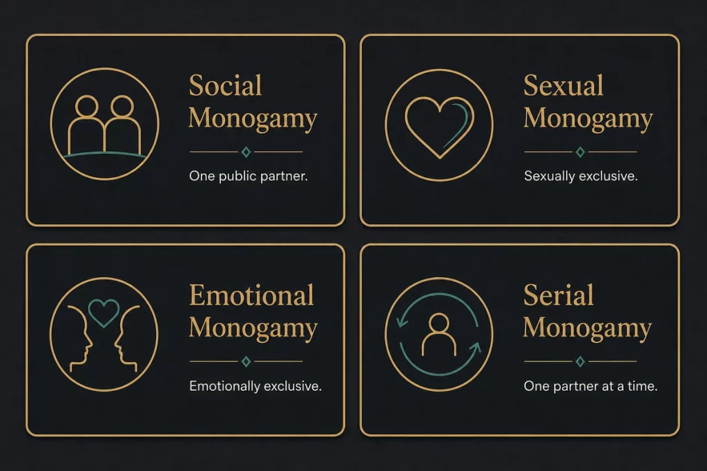 What is a monogamy relationship — four types of monogamy displayed as relationship models showing social monogamy sexual monogamy emotional monogamy and serial monogamy with defining characteristics for each