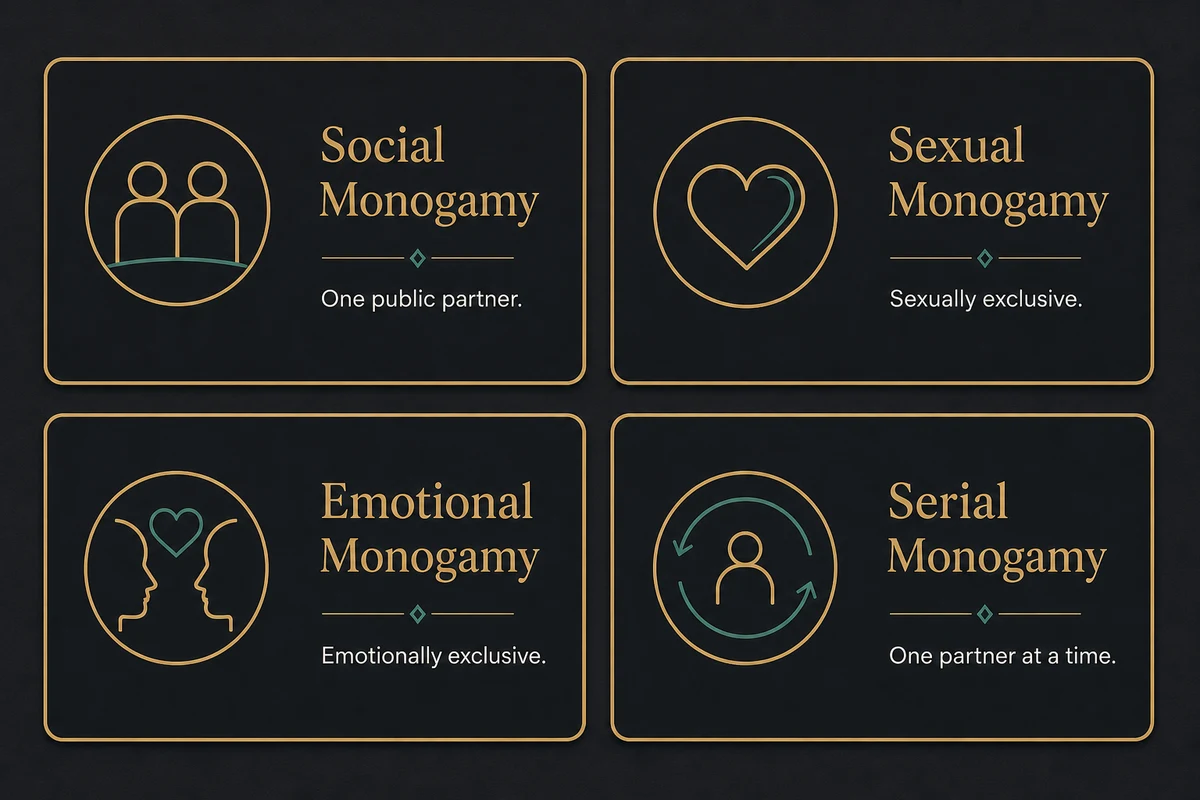 What is a monogamy relationship — four types of monogamy displayed as relationship models showing social monogamy sexual monogamy emotional monogamy and serial monogamy with defining characteristics for each