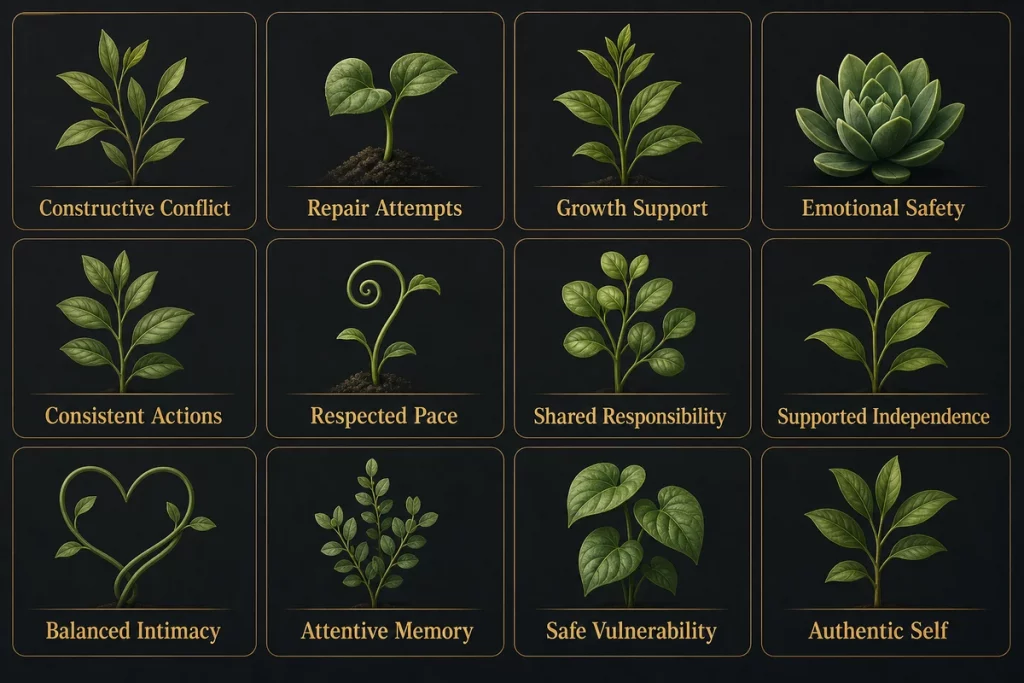 Green flags in a relationship — twelve positive indicators displayed as flourishing plant icons including constructive conflict repair attempts individual growth support consistent reliability emotional availability and mutual respect
