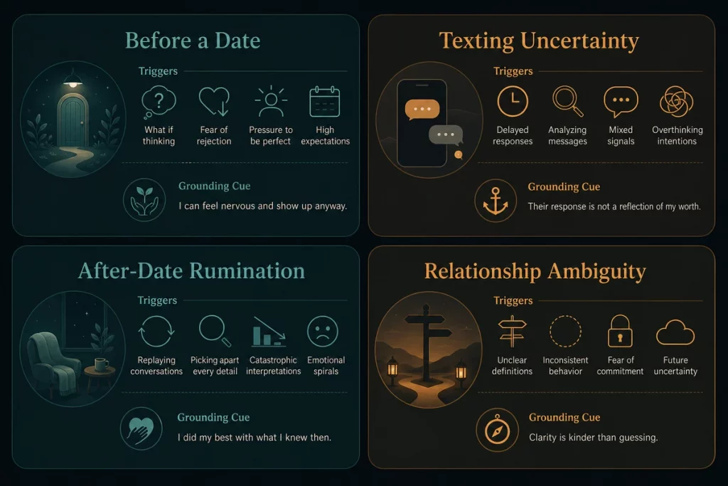 Anxiety in dating — four types displayed as anxiety pattern profiles showing pre-date anxiety texting anxiety rejection sensitivity and relationship progression anxiety with specific symptoms and triggers for each type