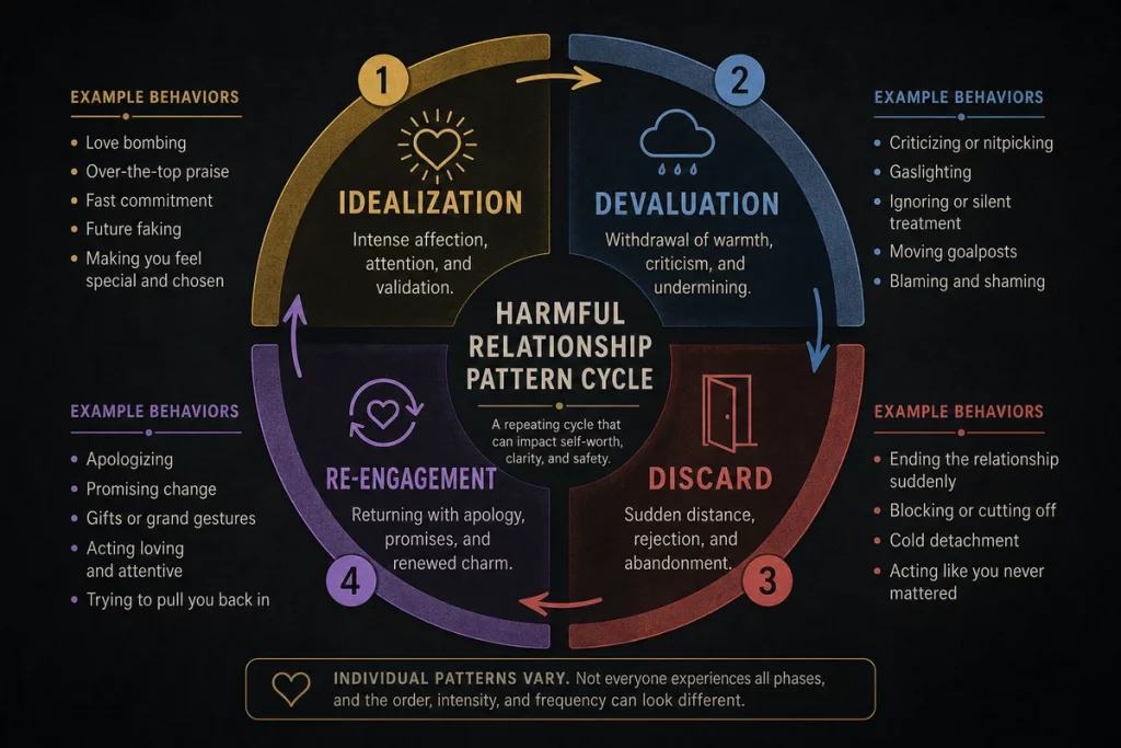 Narcissistic abuse examples — the idealize devalue discard cycle displayed as a repeating pattern showing how each phase creates the conditions for the next phase with psychological mechanisms labeled at each transition