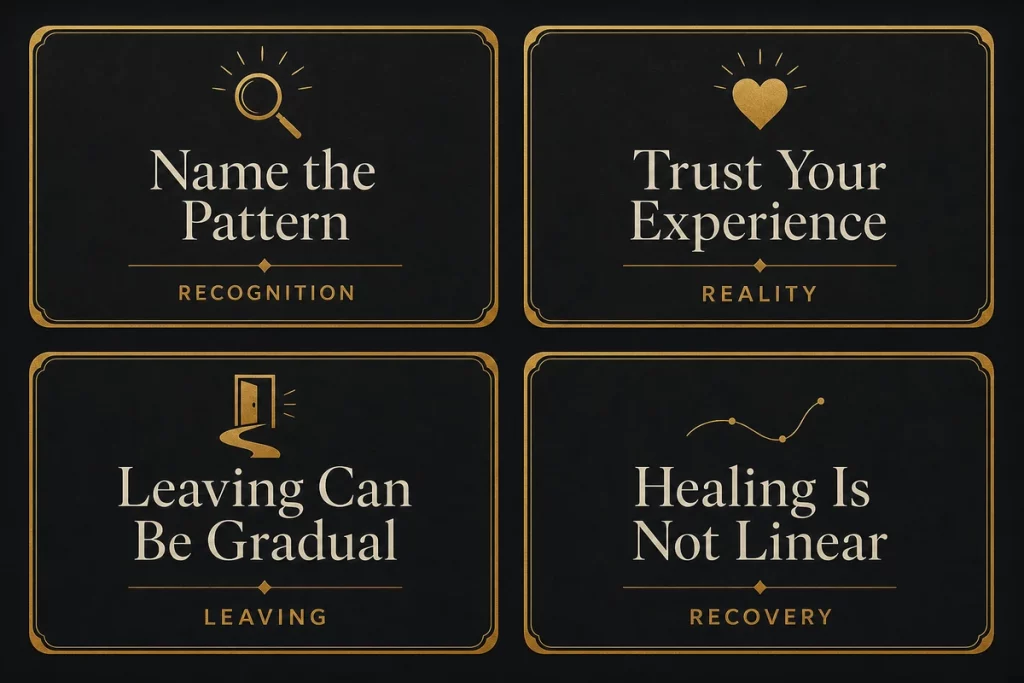 Emotional abuse quotes — four powerful quotes displayed on dark cards addressing gaslighting self-doubt reality distortion and the confusion that emotional abuse creates each with contextual explanation