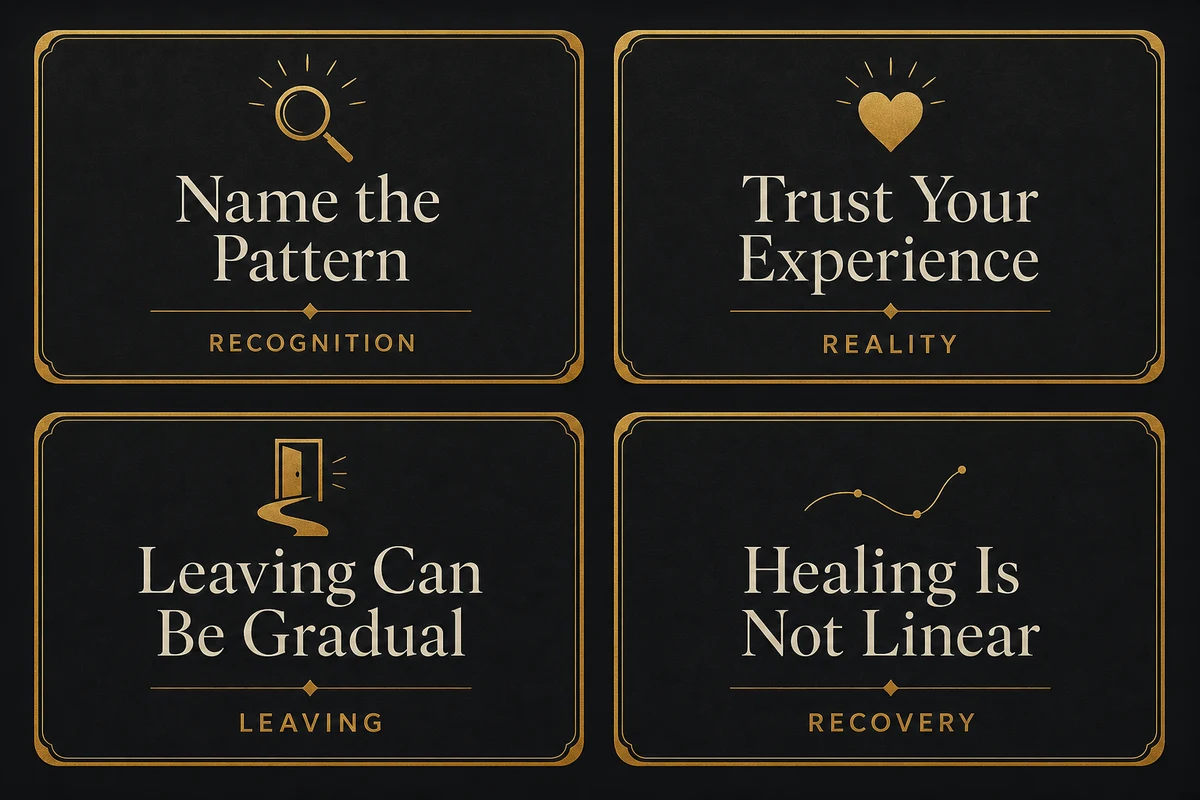 Emotional abuse quotes — four powerful quotes displayed on dark cards addressing gaslighting self-doubt reality distortion and the confusion that emotional abuse creates each with contextual explanation