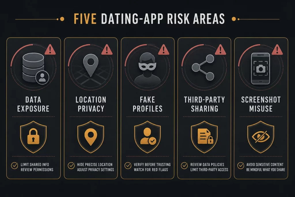 Dating app safe — five major vulnerability categories displayed as security risk cards showing data breaches location tracking fake profiles data sharing and screenshot exploitation with severity ratings