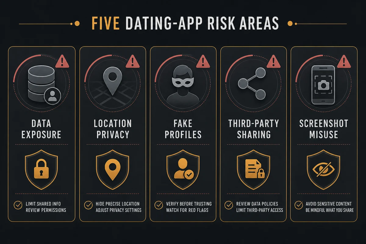 Dating app safe — five major vulnerability categories displayed as security risk cards showing data breaches location tracking fake profiles data sharing and screenshot exploitation with severity ratings