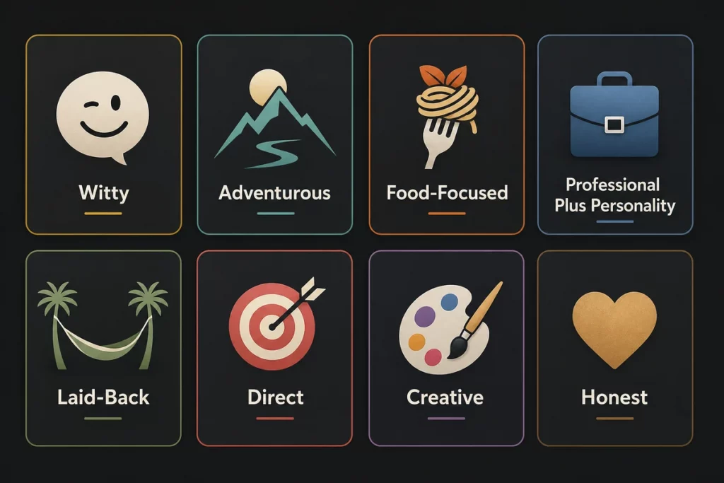 Good bio for Tinder guys — eight template cards showing different bio styles including witty adventurer foodie professional laid-back direct creative and honest with structure breakdown for each