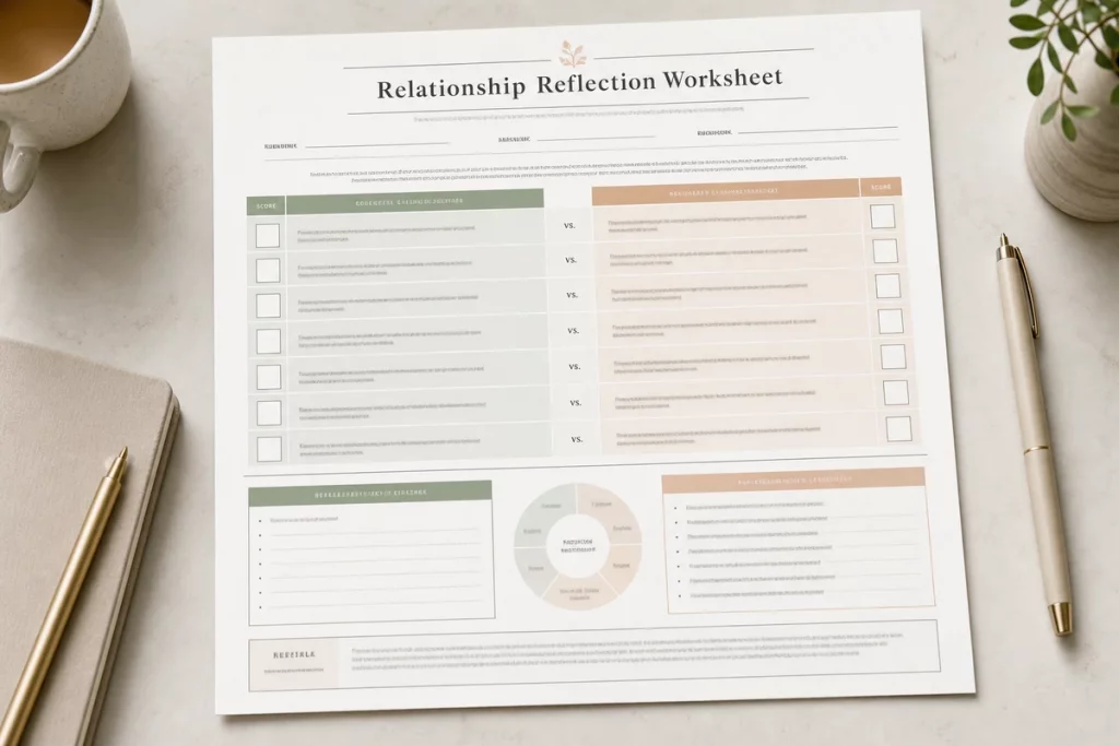 Love language quiz printable — the 25-question assessment displayed as a clean printable worksheet with paired statements scoring guide and results interpretation section ready for couples to complete together
