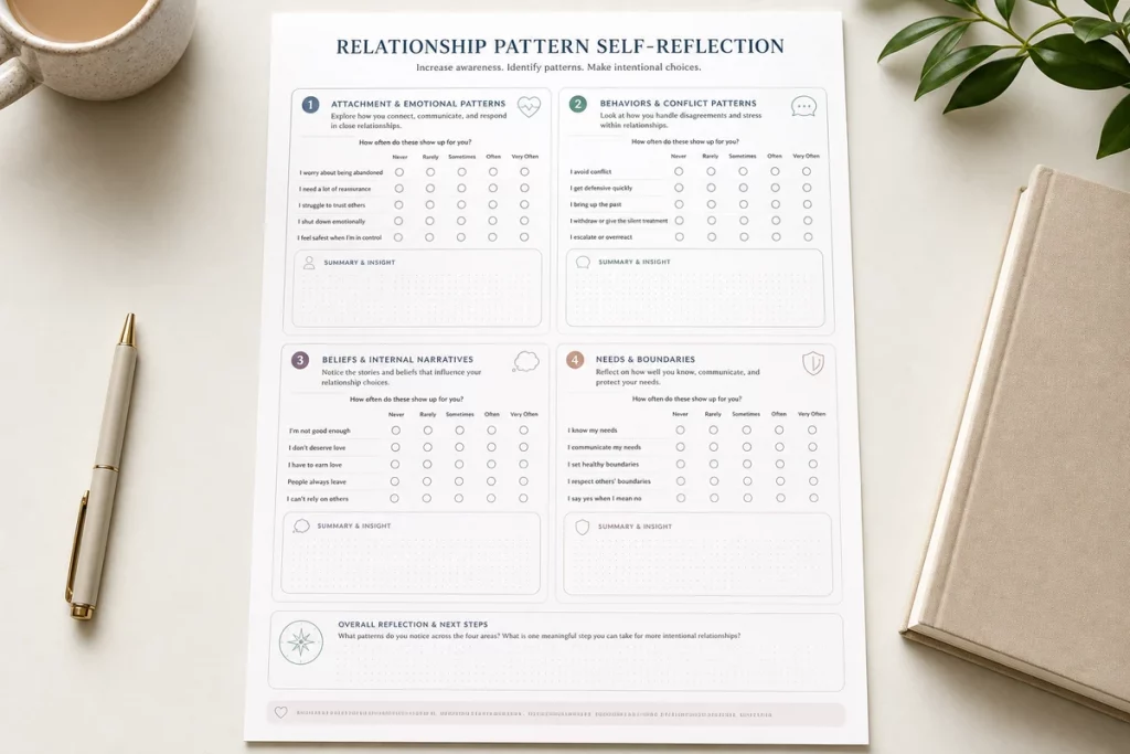 Attachment style quiz pdf — the 20-question assessment displayed as a structured printable worksheet with four sections for secure anxious avoidant and disorganized attachment scoring ready for individual or couples use