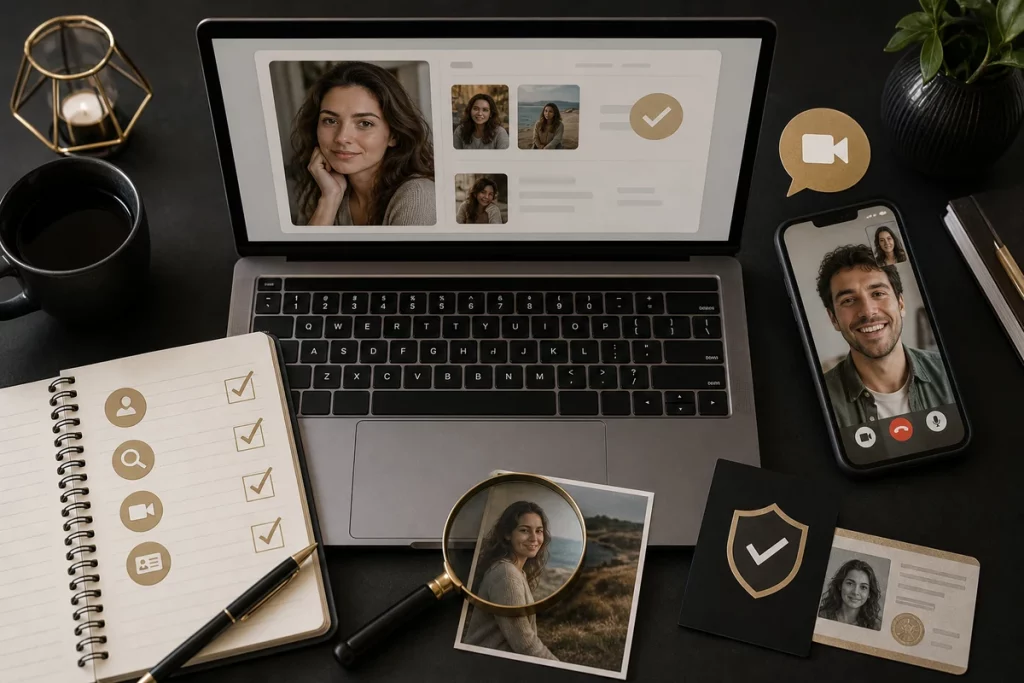 Background checks for dating — the DIY verification checklist displayed as a 6-step process from Google search through reverse image search social media review sex offender registry GuyID verification and video call