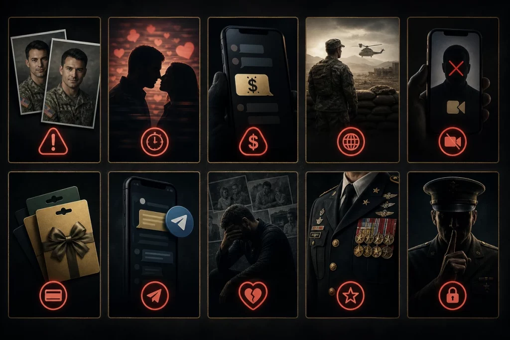 Military scammer list — ten common patterns displayed as warning cards showing stolen photos deployment excuse security restrictions financial requests love bombing inconsistent stories and resistance to verification