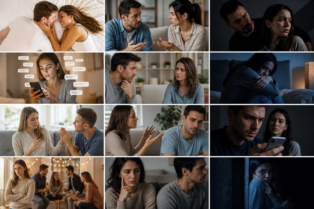 Early signs of a toxic relationship — twelve warning indicators displayed as timeline markers across the first three months showing love bombing pace pushing boundary testing jealousy framing isolation attempts and accountability avoidance