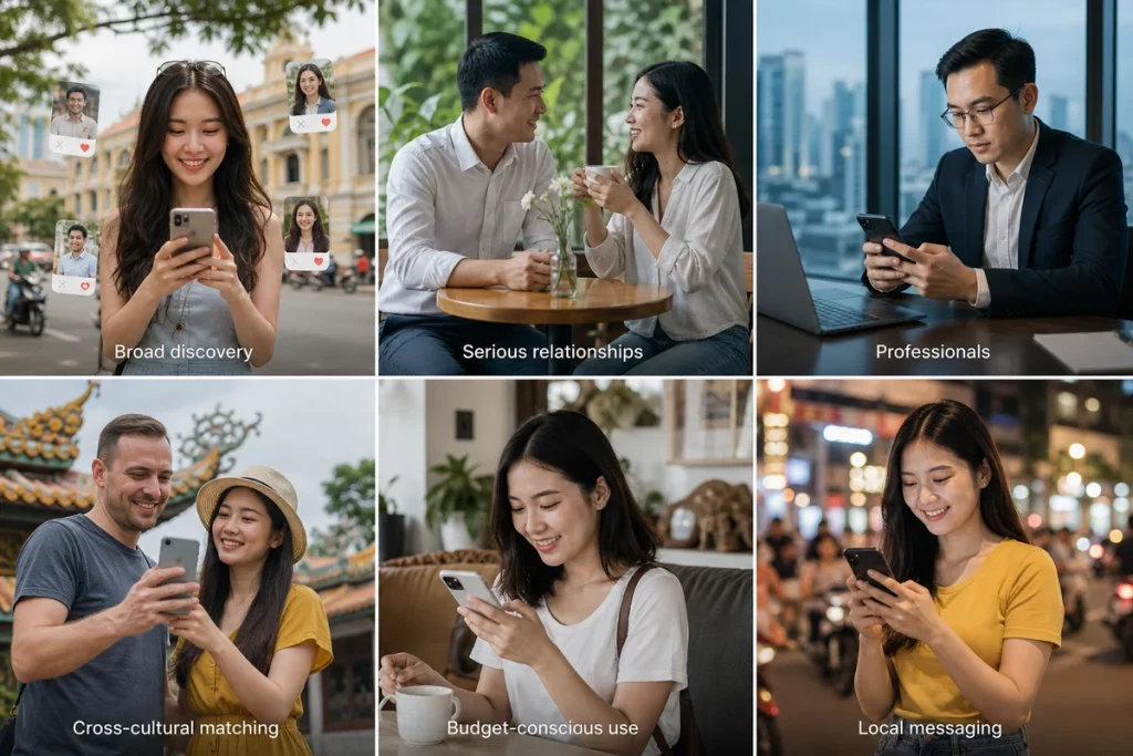 Dating websites Vietnam — six platform cards showing the best dating apps and sites for meeting Vietnamese singles with user base size features pricing and best-for recommendations