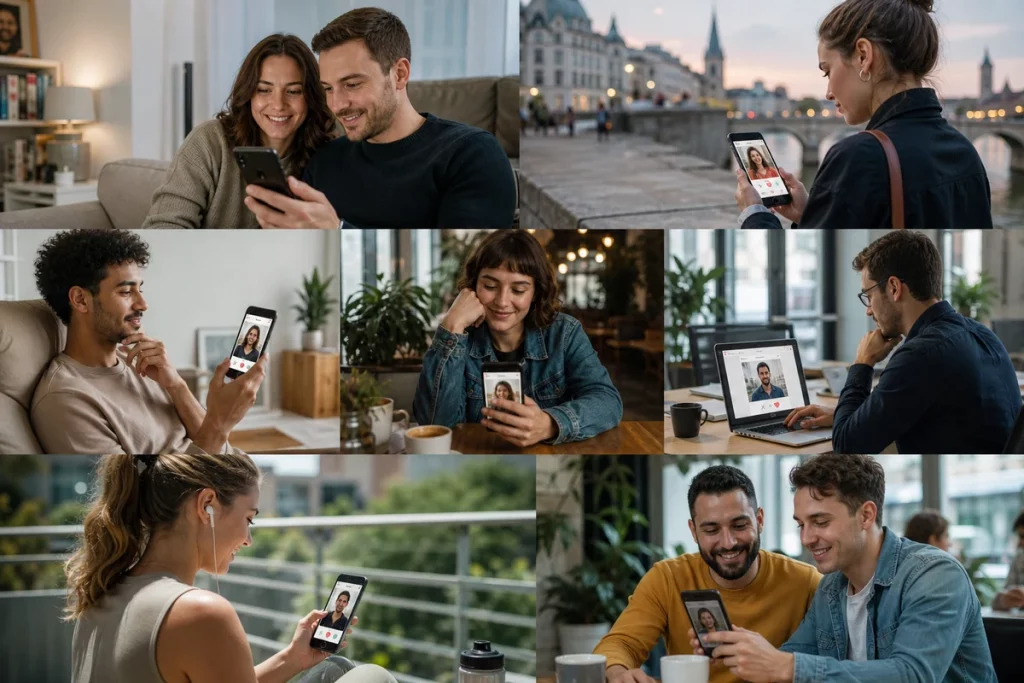 Online dating sites Germany — seven platform cards showing Parship ElitePartner Tinder Bumble LoveScout24 OkCupid and Hinge with user base size features pricing and best-for recommendations