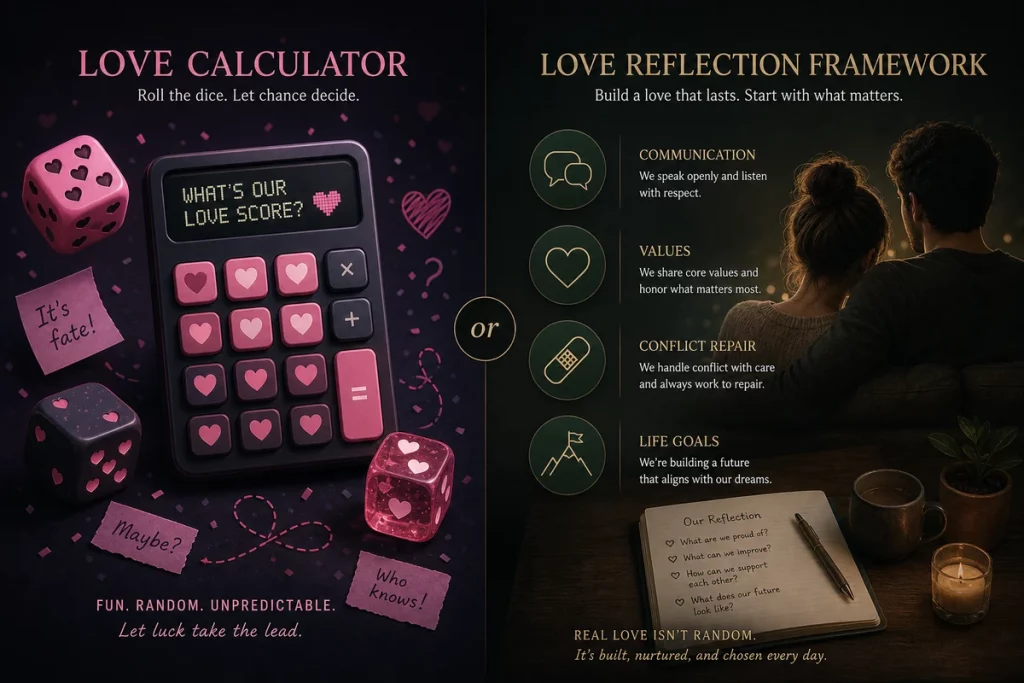 Love test io versus real compatibility tools — comparison showing name-based entertainment calculators on one side and validated assessment tools like attachment style quizzes love language assessments and behavioral evaluation frameworks on the other