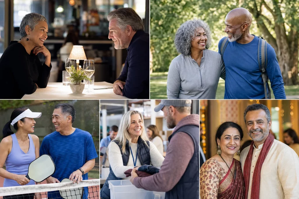 Dating after divorce 50 — five dating platform cards showing the best apps and sites for over-50 dating with user demographics features and which platforms prioritize relationship-serious users