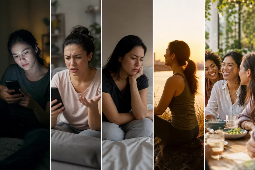 Ghost dating simulation — five stages displayed as a timeline showing confusion and checking then rationalization then self-blame then anger and finally acceptance with emotional intensity mapping for each stage