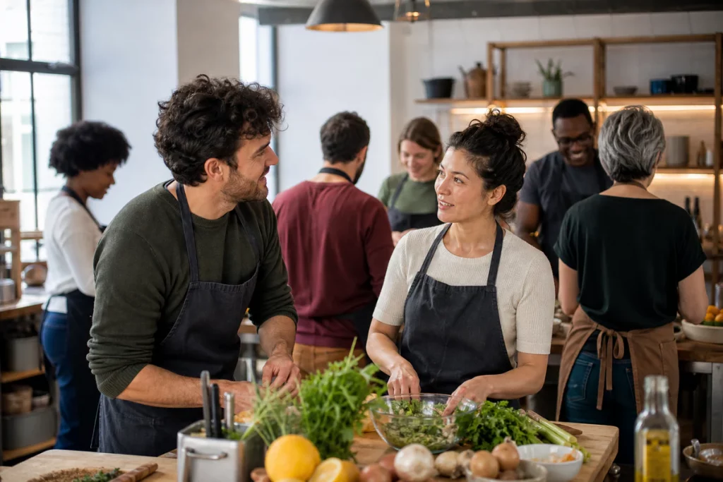 Two adults meeting naturally during a community cooking class instead of using a dating app.