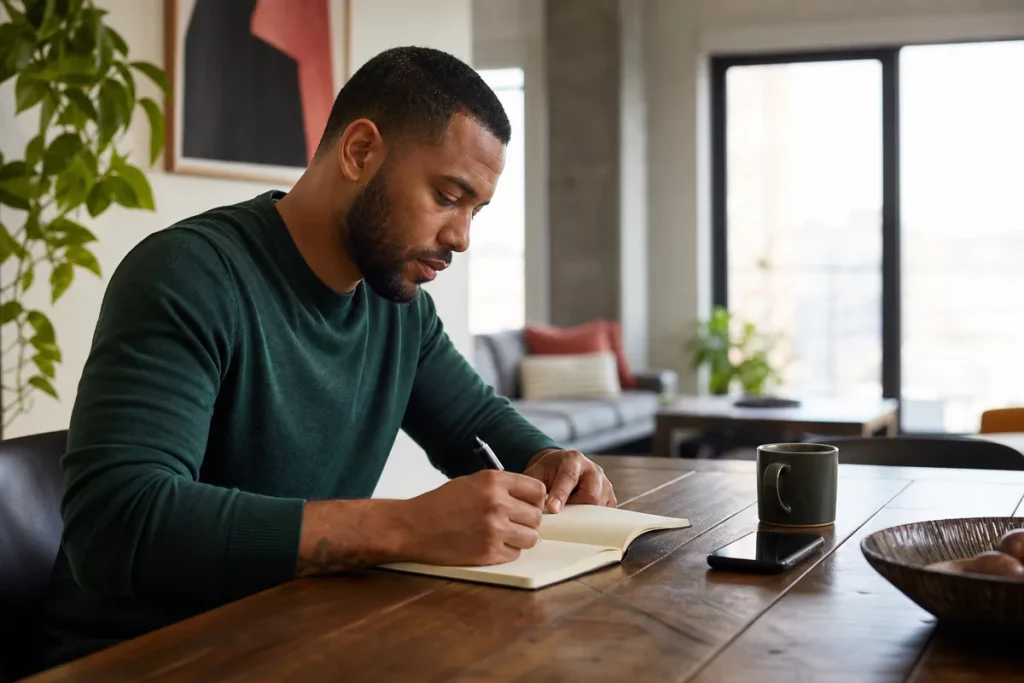 A person writing down relationship needs and boundaries before a defining conversation.