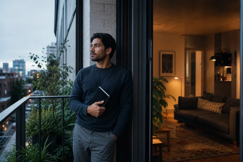 A person taking a planned pause on a balcony while remaining connected to the shared home.