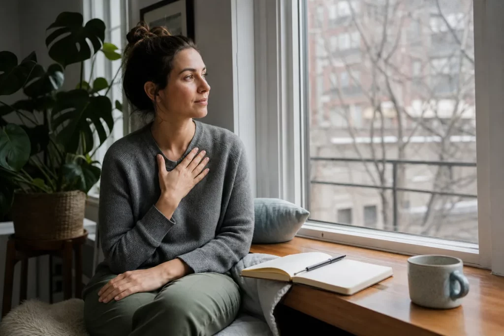 A person noticing and regulating an emotional response before continuing a relationship conversation.
