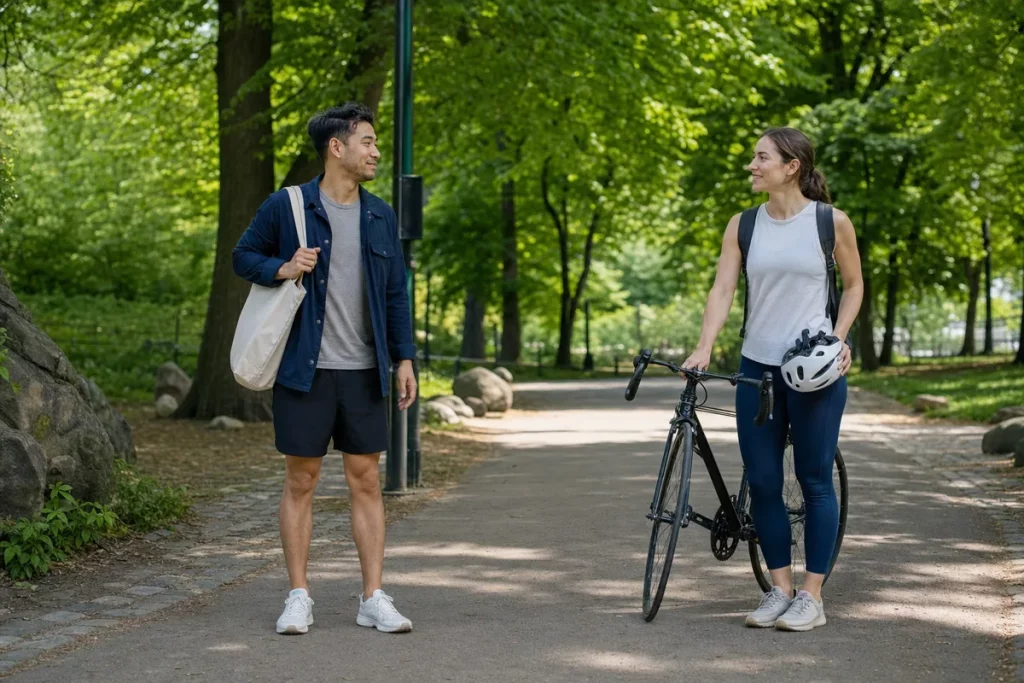 A couple comfortably separating for independent activities on a park path.