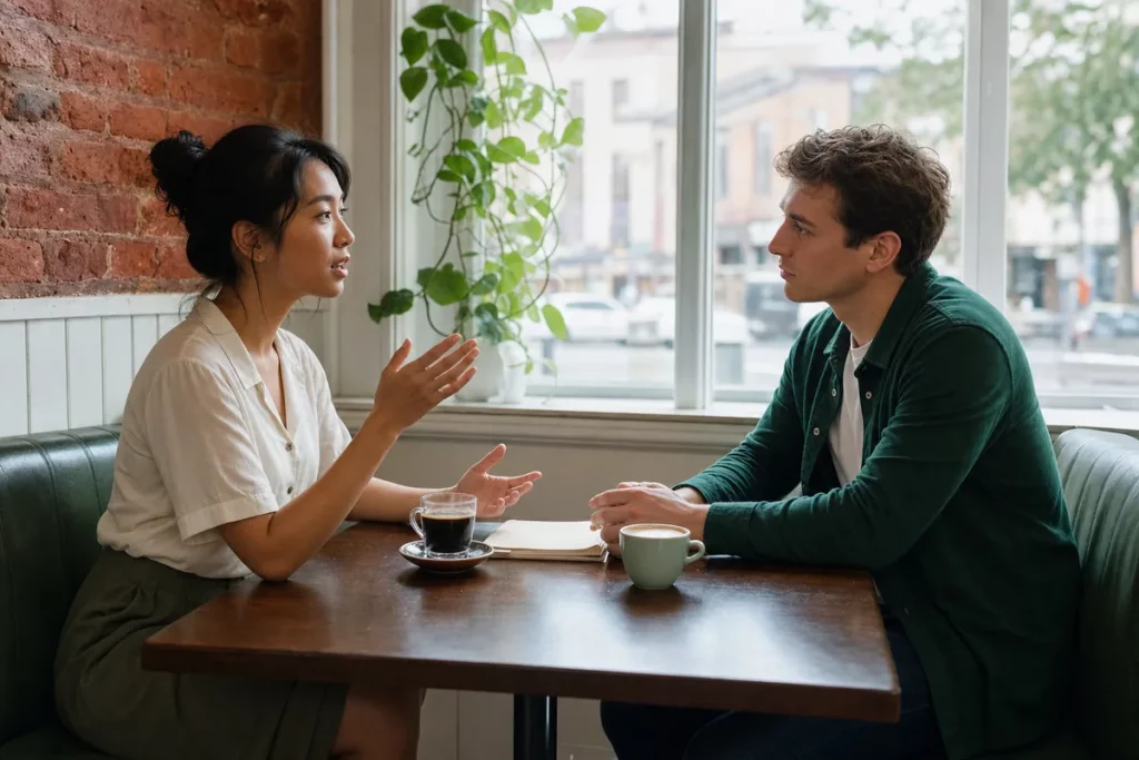 Two people discussing emotional needs calmly across a cafe table.