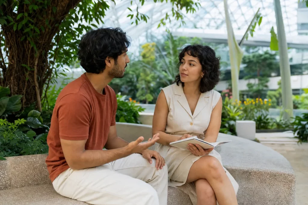 Two partners discuss relationship expectations in a botanical garden.