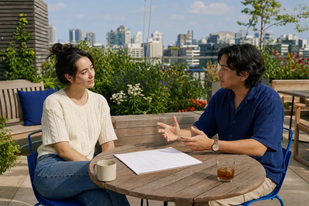 Two people discuss expectations beside a blank calendar in a rooftop garden.