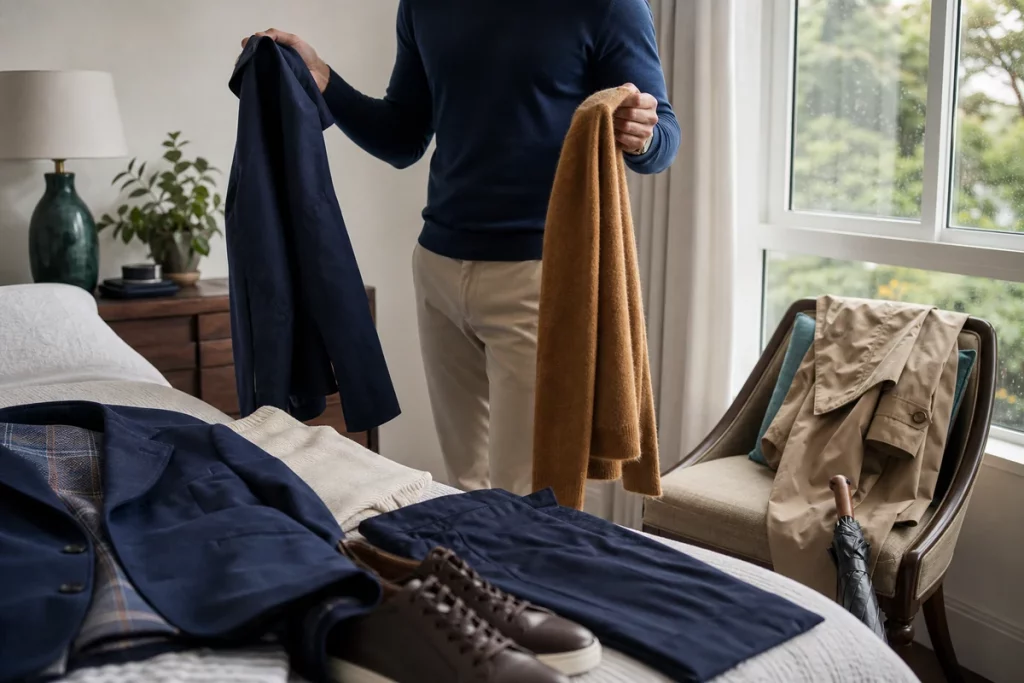 Adult comparing a navy jacket and camel knit beside first-date outfit choices and rain gear.