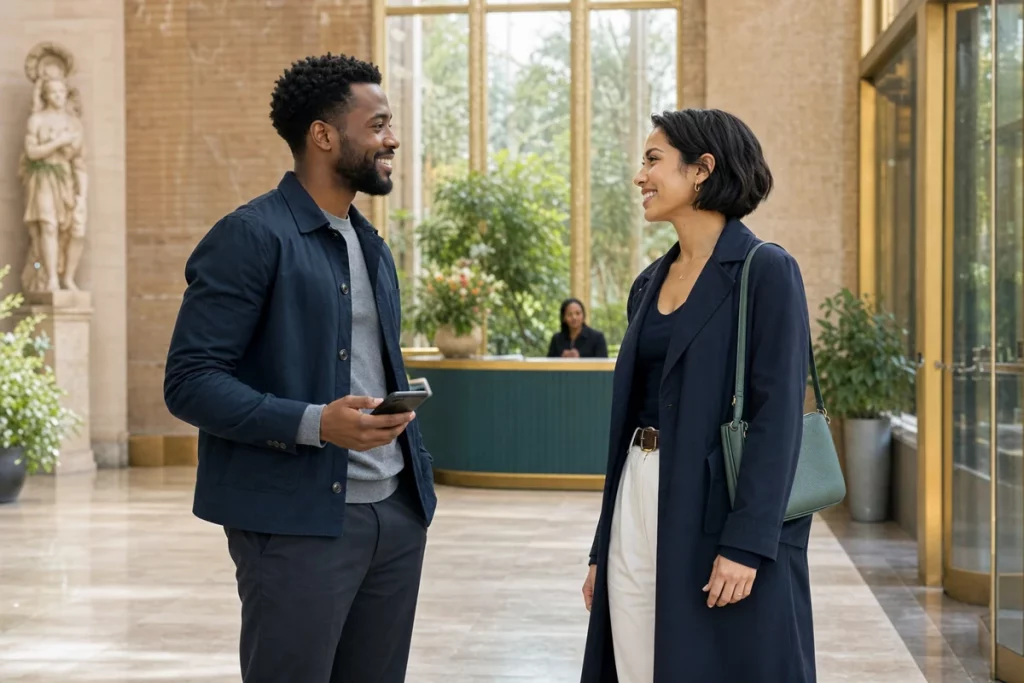 Two adults greeting with comfortable personal space in a bright museum lobby.