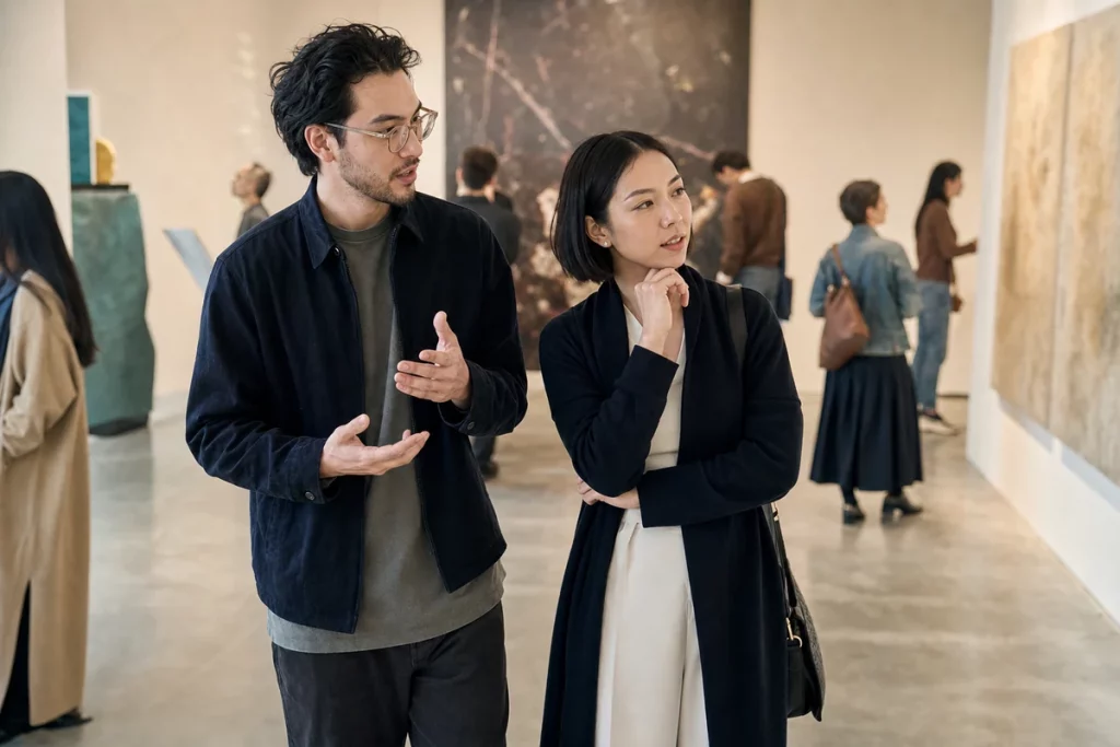 Two adults discussing artwork in a public gallery with varied natural gestures and posture.