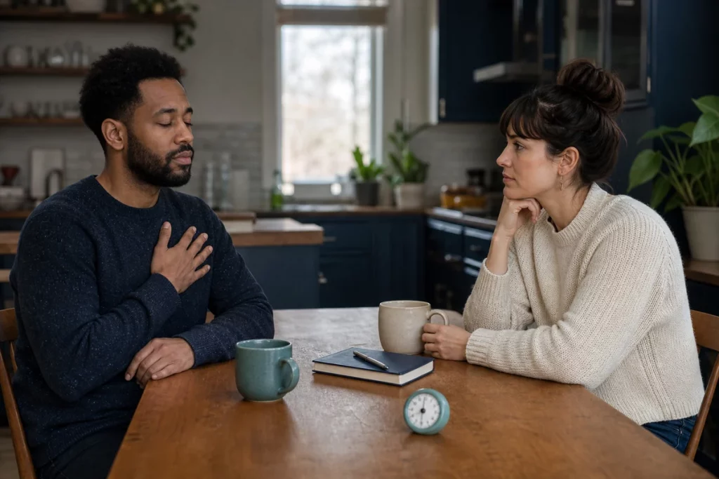 Partners pause calmly at a kitchen table with a timer, notebook, and mugs of tea.