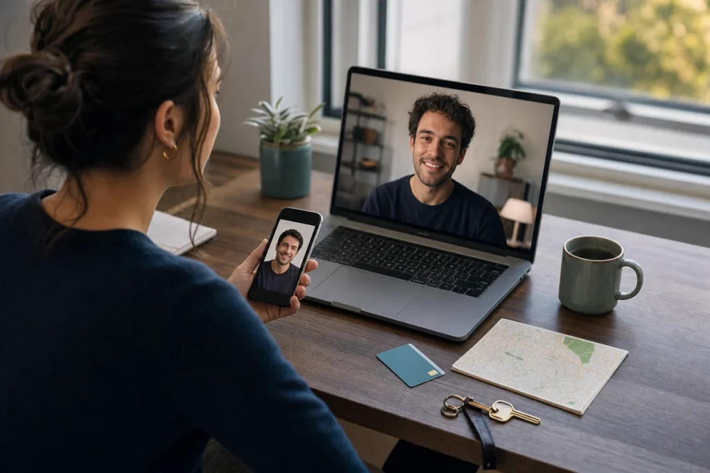 Adult compares a video call on a laptop with a phone profile before a date, with keys and transit items nearby.