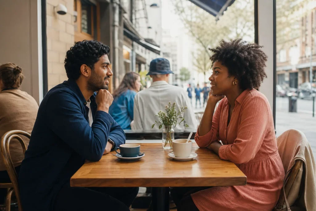 Two adults sharing an easy conversation at a bright neighborhood café with a public street visible beyond the window.