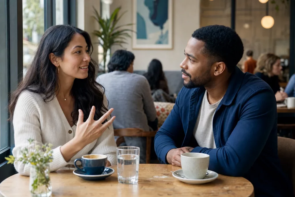 Two adults in a relaxed café conversation, one listening attentively while the other tells a story with an easy smile.