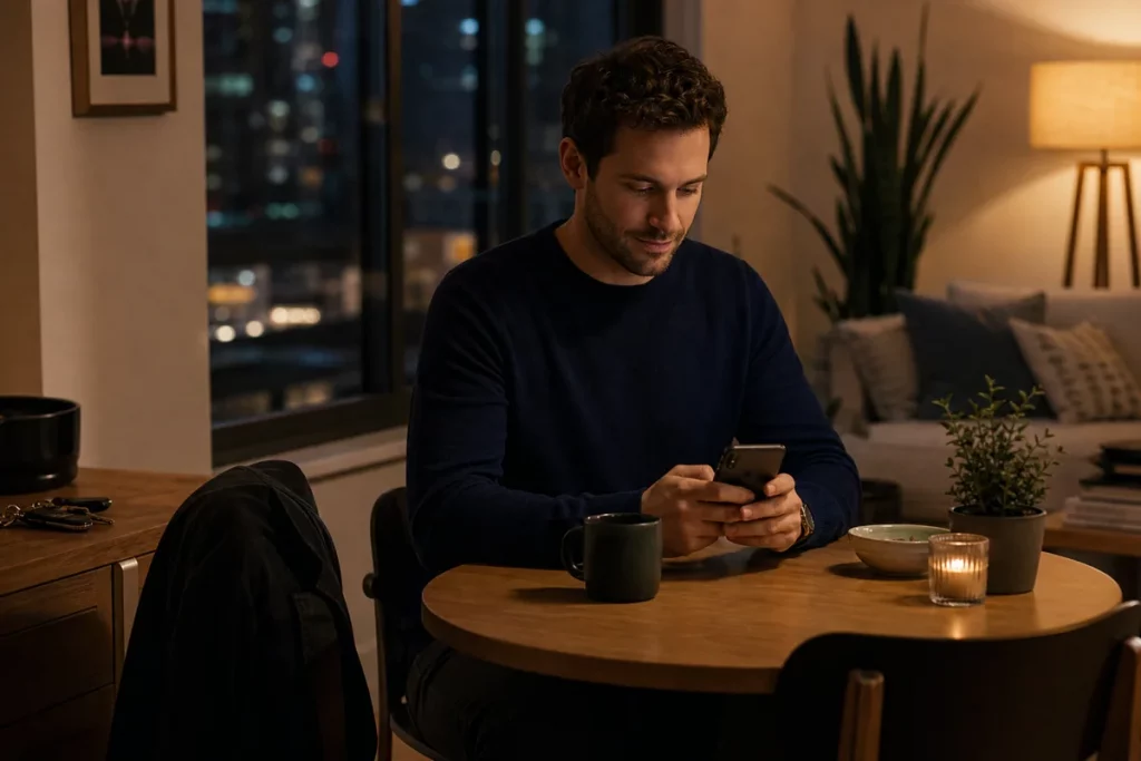 An adult composing a warm, concise follow-up message on a phone after arriving home from a first date, with evening city light outside.