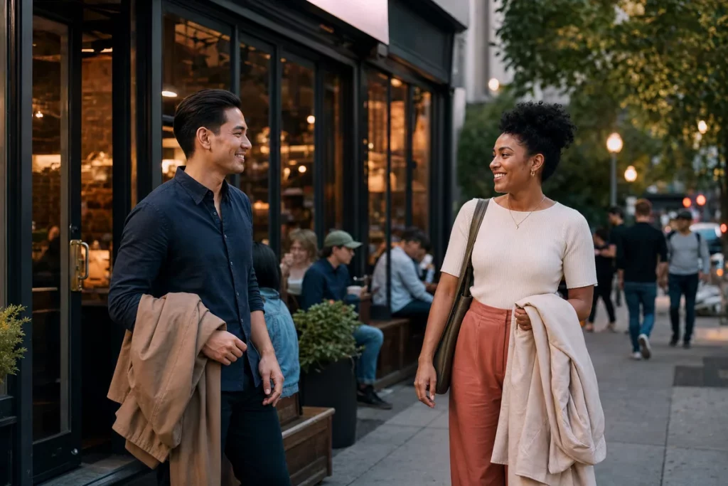 Two adults finishing a comfortable first date outside a public café, sharing a warm but unforced goodbye with respectful personal space.